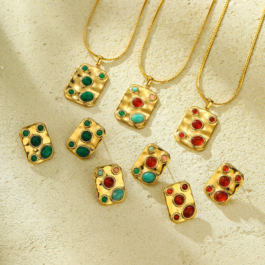Exotic Square Color Natural Stone Titanium Steel Embellished Simple All-Match Sense Necklace Ring Set