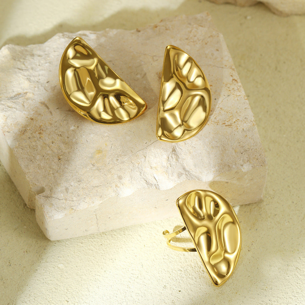 Arrival Exaggerated High Grade Titanium Steel Earrings Concave Convex Hammered Semicircle Symmetrical Stainless Steel Ring