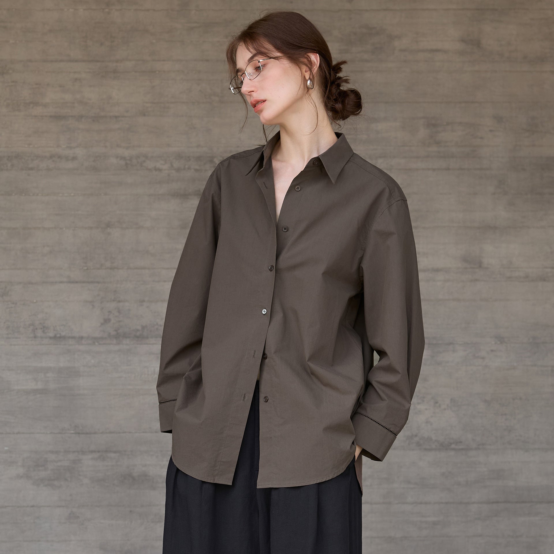 Autumn Winter Cotton Long Sleeved Shirt Women French Lazy Hollow Out Cutout Design Top Mid Length All Matching Shirt