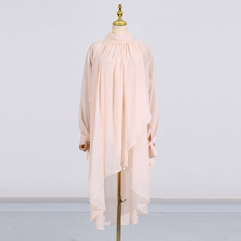 Simple Top Women Autumn Comfort Casual Office Turtleneck Long Sleeve Pleating Solid Color Shirt