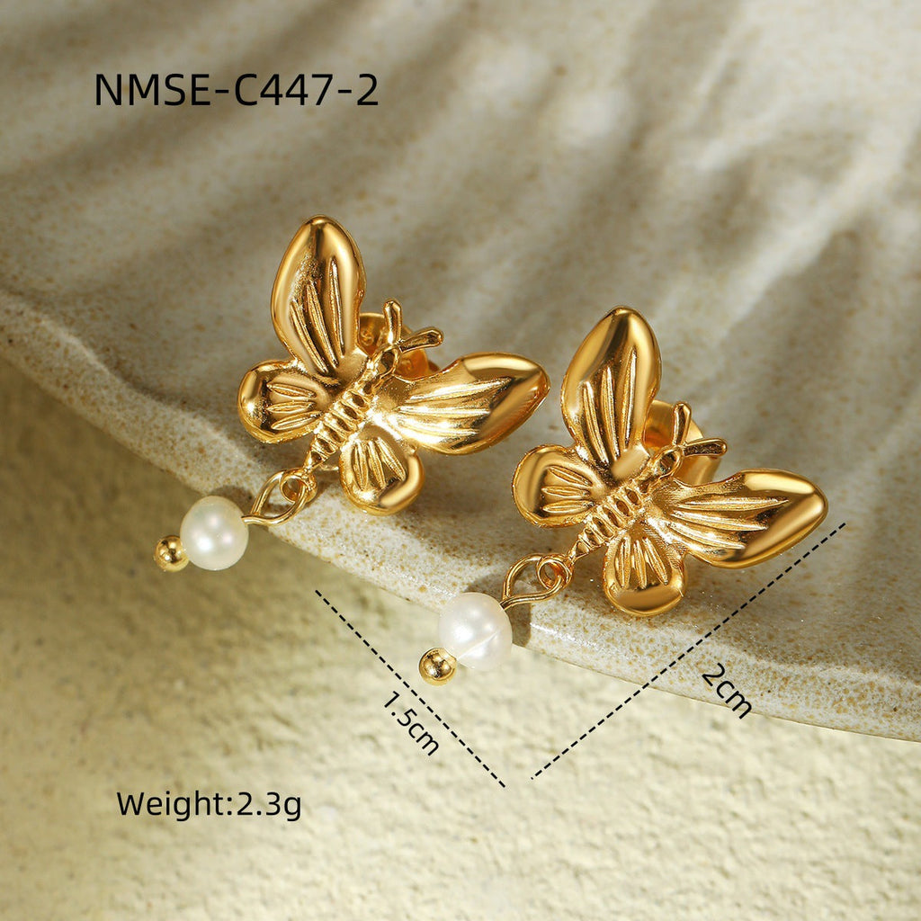 Pearl Butterfly Tassel Titanium Steel Earrings Fashionable All Match Light Luxury High Sense Stainless Steel Studs