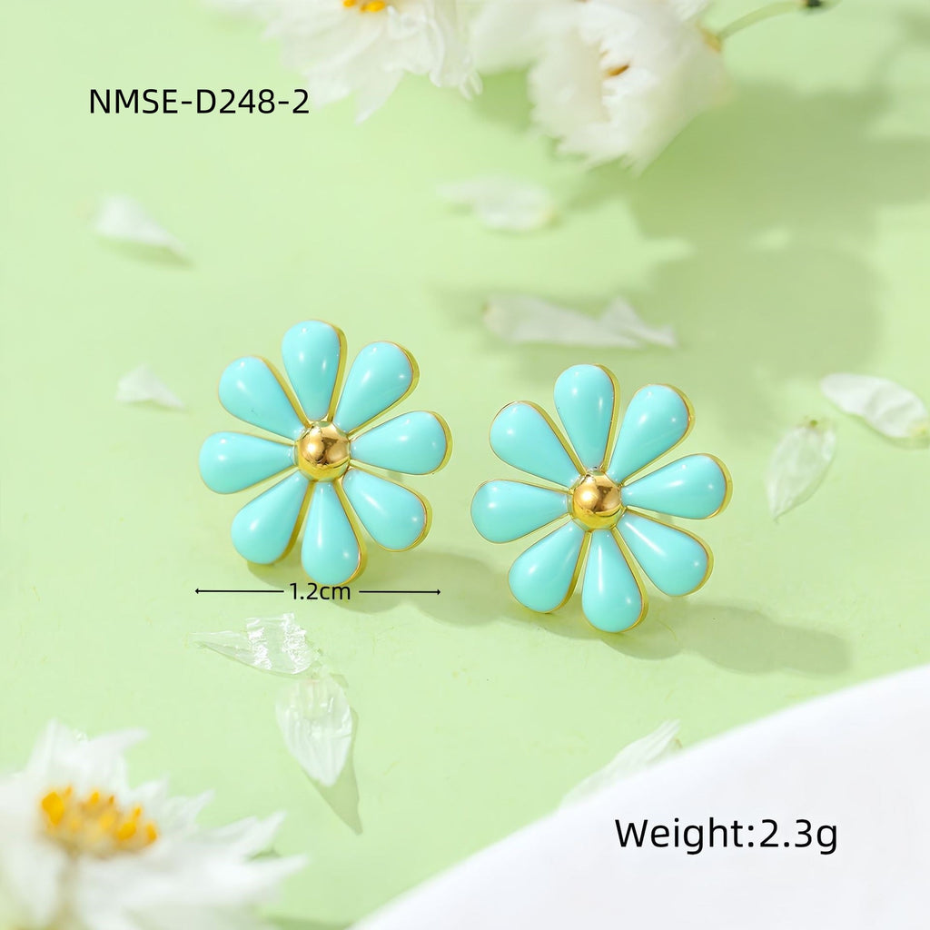Summer Fresh Little Daisy Drop Oil Titanium Steel Earrings Women Stainless Steel Studs Accessories