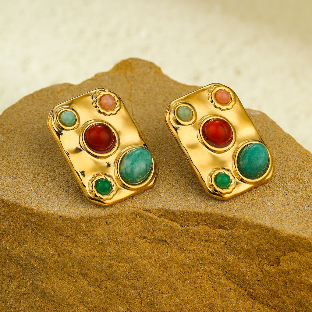 Exotic Square Color Natural Stone Titanium Steel Embellished Simple All-Match Sense Necklace Ring Set