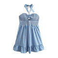 Short Spring Plaid Hollow Out Cutout Backless Strap Dress Tiered Dress