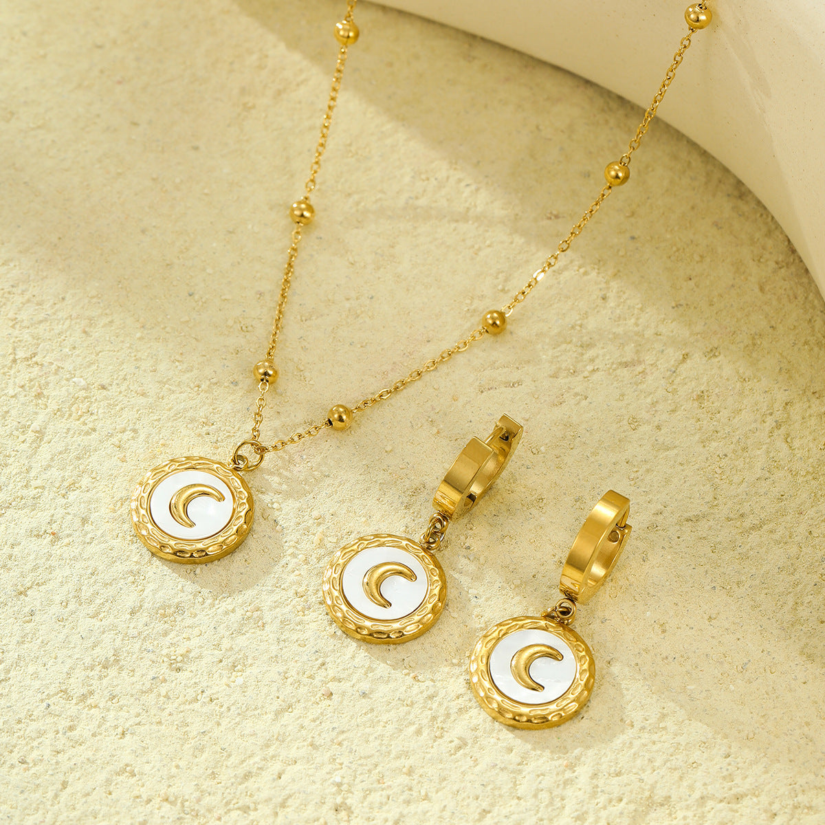 18K Stainless Steel Shell Moon Necklace Niche Retro Easy Matching Embellished Titanium Steel Necklace Earrings