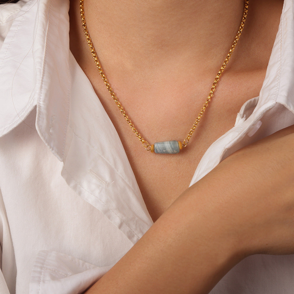 Retro Personalized Minority Titanium Steel Gold Plated Geometric Abstract Irregular Asymmetric Natural Stone Embellished Necklace Ornament Women