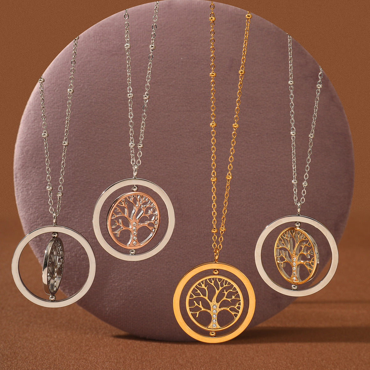 Nimai Design Diamond Rotating Tree of Life Stainless Steel Necklace Women 18K Gold Titanium Steel Embellished Women