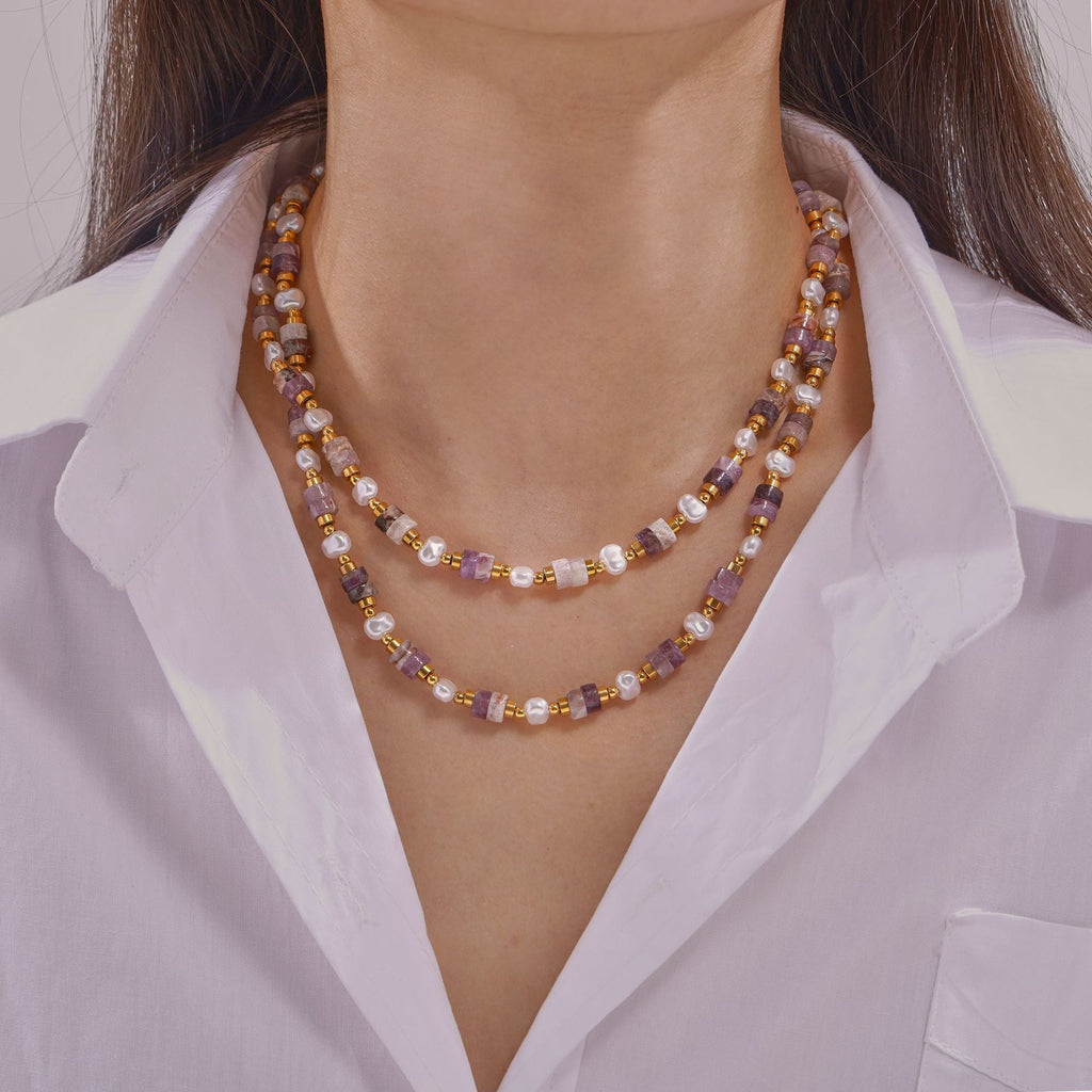 Simple Personality Elegant Gentle Shell Pearls Amethyst Handmade Beaded Design Titanium Steel Gold Plated Necklace