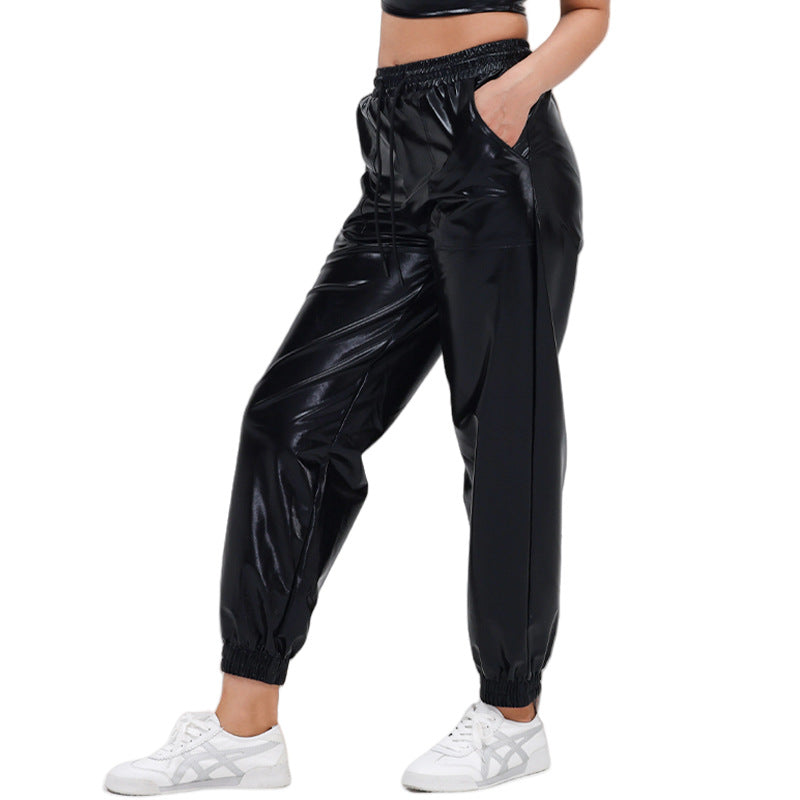 Women Pants Street Trend Bronzing Ankle Banded Pants Sports Bright Leather Loose Performance Clothes