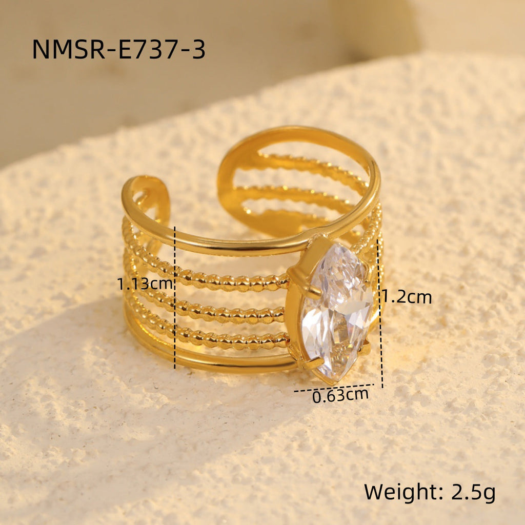 Stainless Steel Wide Surface Hollow Out Cutout Water Drops Zircon Ring Women Special Interest Light Luxury High Sense Ornament