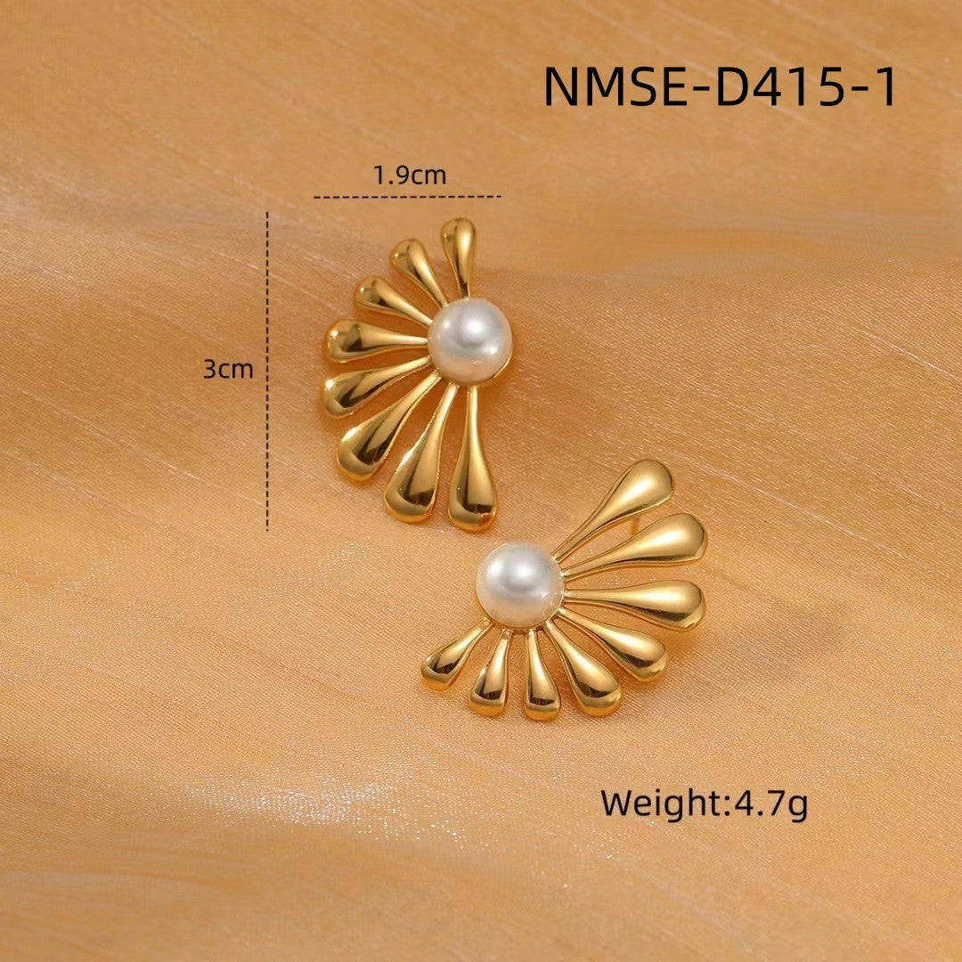 Gold Titanium Steel Petal Pearl Non Fading Stainless Steel Earrings Earrings