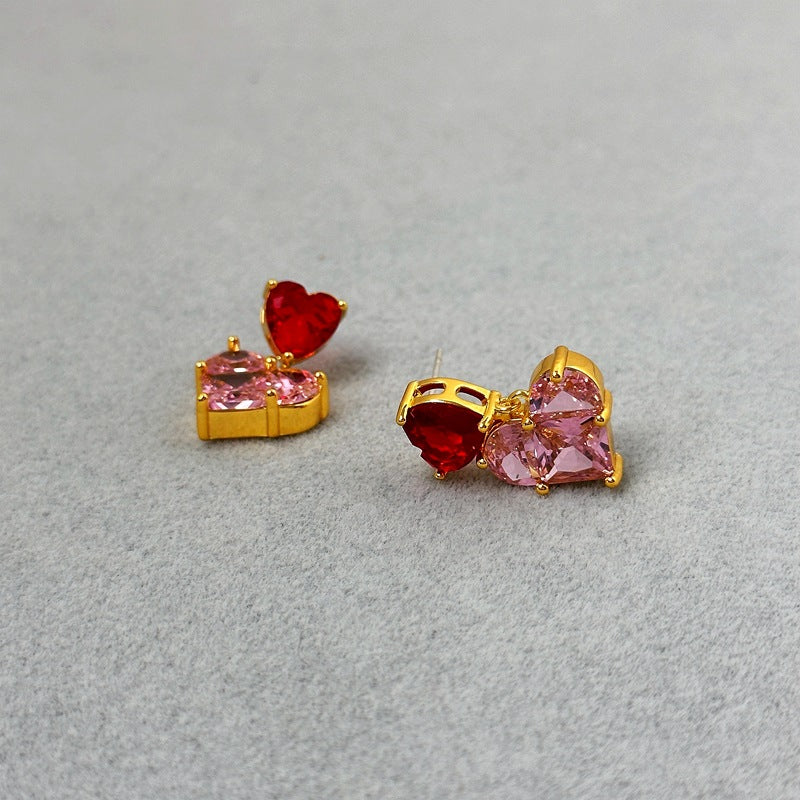 Double Love Shiny Earrings Special Interest Light Luxury High Grade Elegant Zircon Inlaid Graceful Earrings