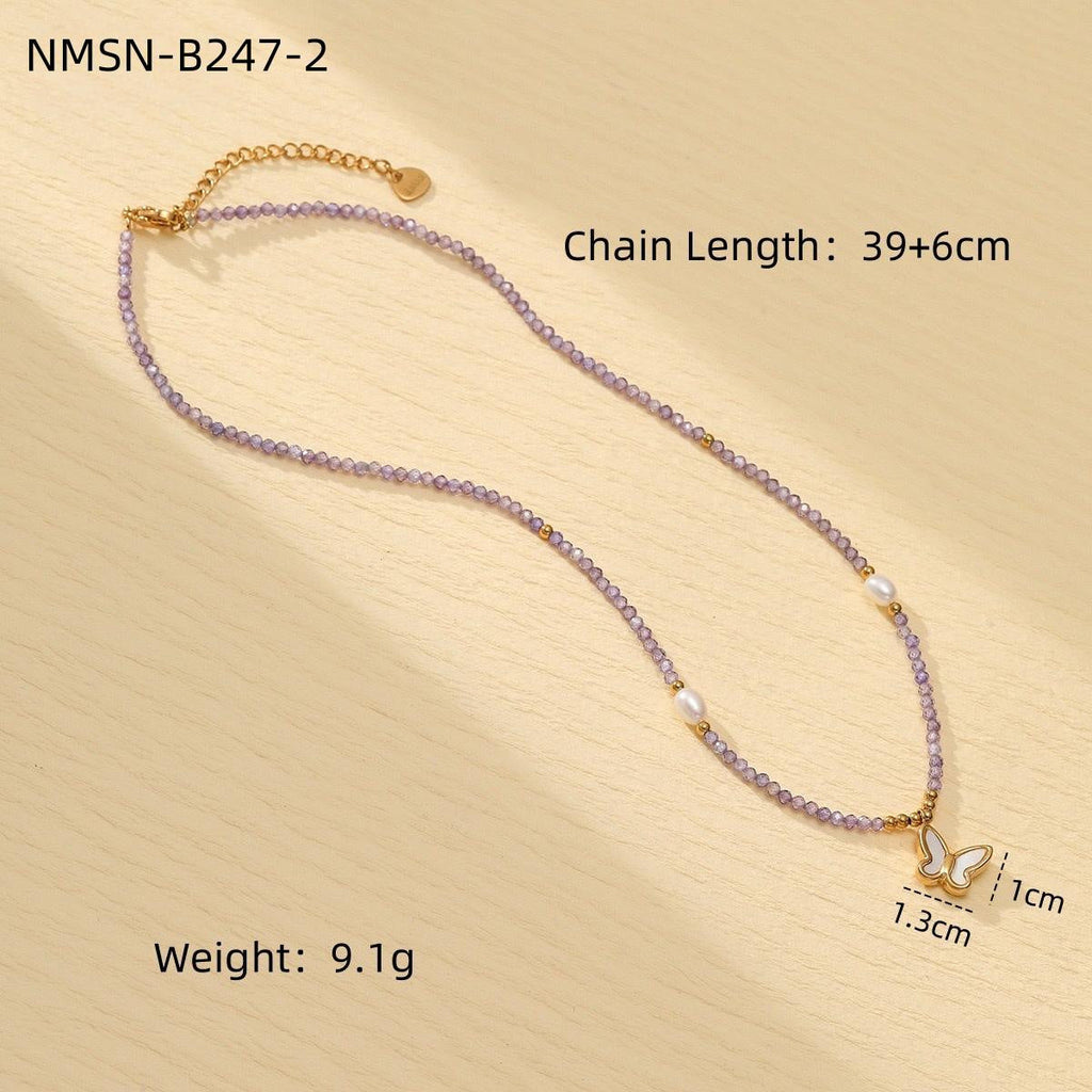 Colorful Freshwater Pearl Natural Stone Handmade Beaded Titanium Steel Necklace Niche Design Butterfly Embellished