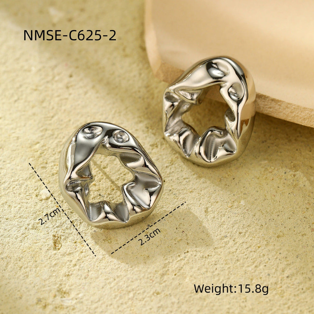 Retro Minimalist Irregular Asymmetric Lava Pleated Titanium Steel Earrings Minority Design Frosty Stud Earrings Earrings