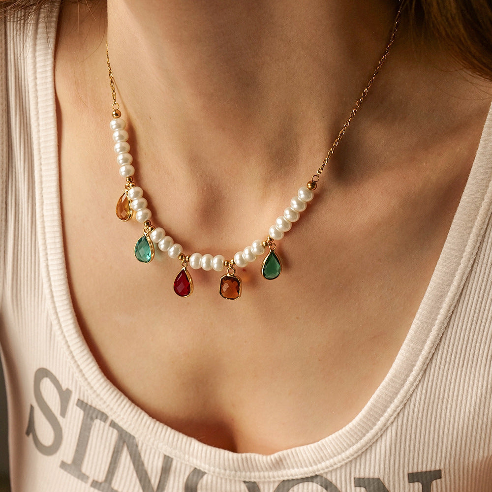 Stainless Steel Pearl Necklace High Grade Clavicle Chain Zircon Natural Stone Titanium Steel Sold Jewelry