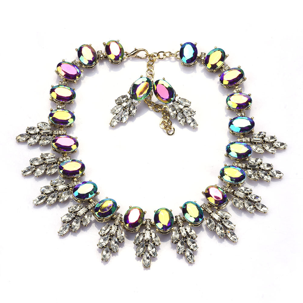 Accessories Handmade Exaggerated Colorful Crystal Necklace Earrings Suite