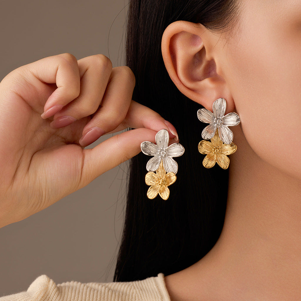 Retro Affordable Luxury Floral Tassel Stainless Steel Earrings Women Arrival High Grade Cold Exaggerated Earrings