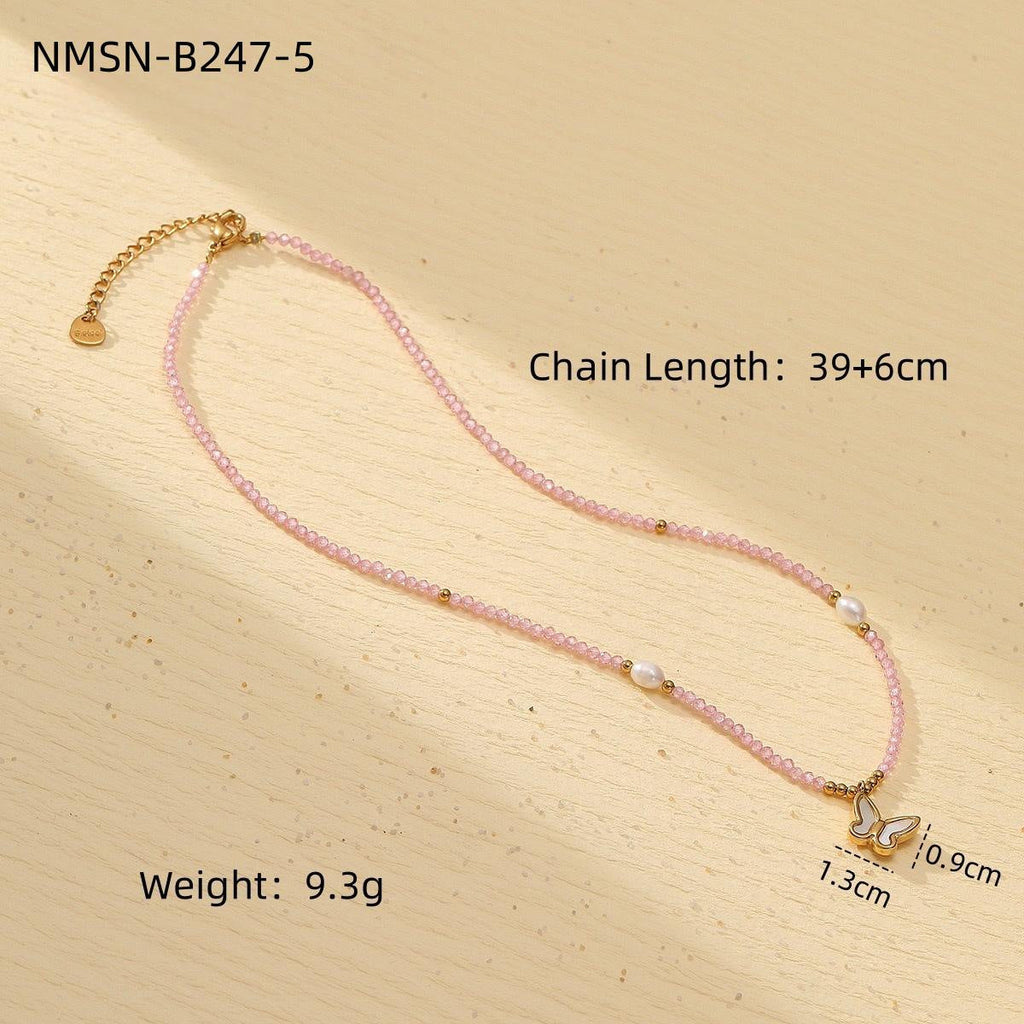 Colorful Freshwater Pearl Natural Stone Handmade Beaded Titanium Steel Necklace Niche Design Butterfly Embellished