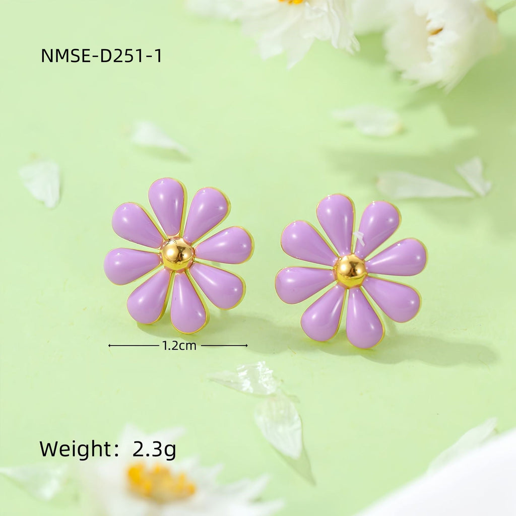 Summer Fresh Little Daisy Drop Oil Titanium Steel Earrings Women Stainless Steel Studs Accessories