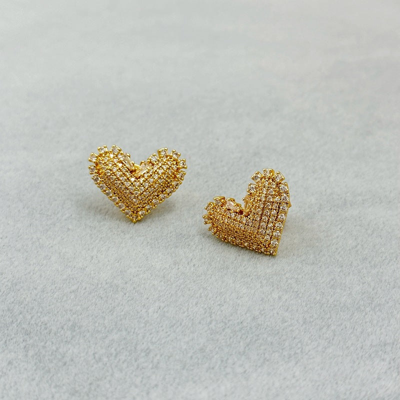 Sweet Elegant High-Grade Diamond Three Dimensional Love Heart Stud Earrings Affordable Luxury Exquisite Peach Heart 925 Earrings Women