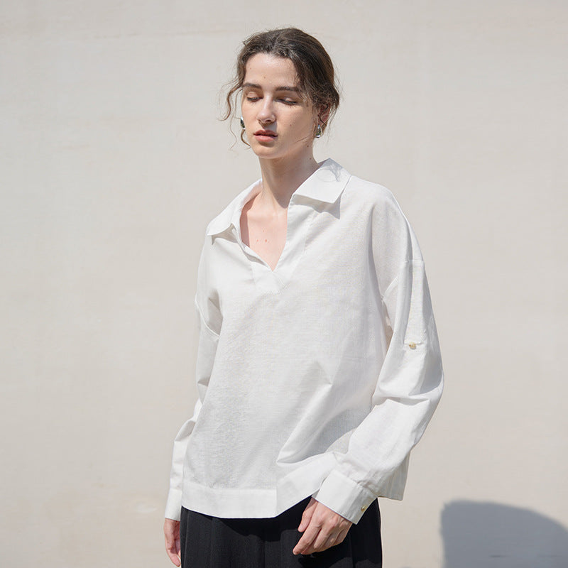 Pure White V Shaped Collared Long Sleeved Shirt for Women Autumn Winter Linen Loose Shirt Advanced Loose Top