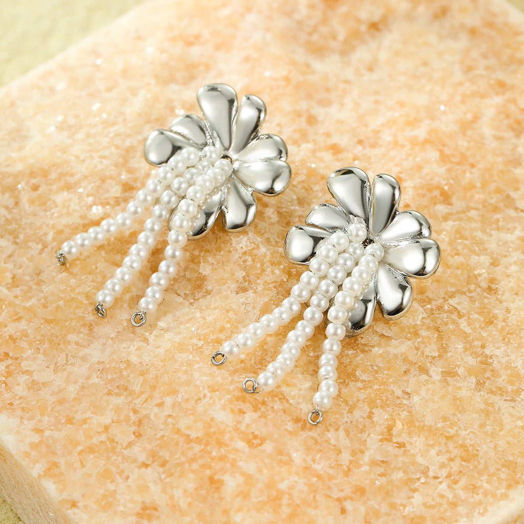 All Match Fashionable Stainless Steel Floral Pearl Tassel Titanium Steel Gold Plated Stud Earrings for Women