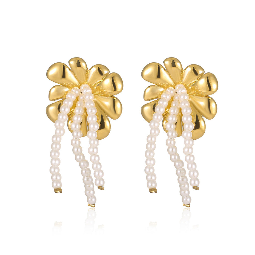 All Match Fashionable Stainless Steel Floral Pearl Tassel Titanium Steel Gold Plated Stud Earrings for Women