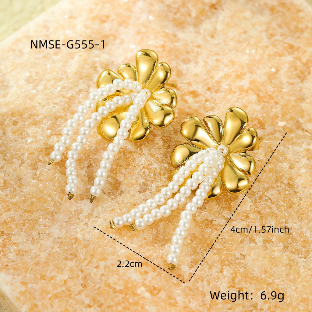 All Match Fashionable Stainless Steel Floral Pearl Tassel Titanium Steel Gold Plated Stud Earrings for Women