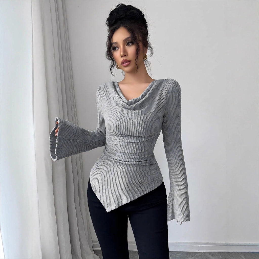 Autumn Winter Women Clothing Ribbing Bottoming Sweater off the Shoulder Slim Knitted Long Sleeved Top Office