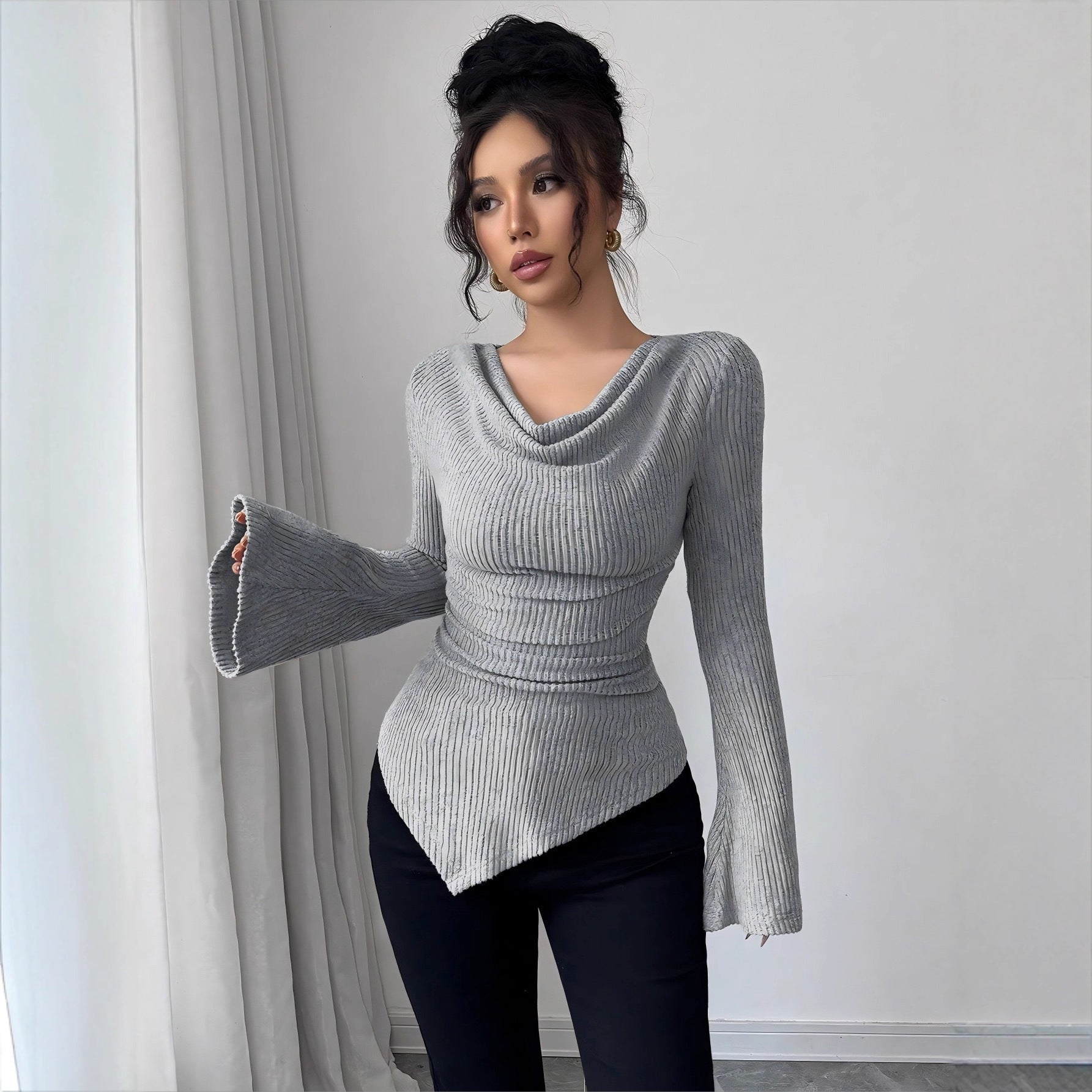 Autumn Winter Women Clothing Ribbing Bottoming Sweater off the Shoulder Slim Knitted Long Sleeved Top Office
