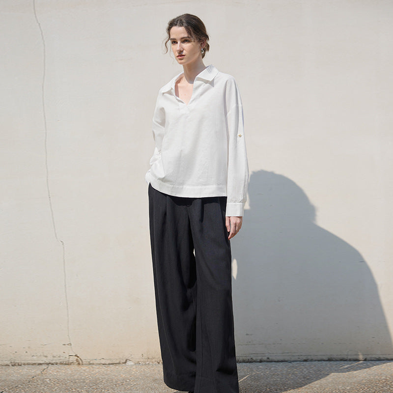 Pure White V Shaped Collared Long Sleeved Shirt for Women Autumn Winter Linen Loose Shirt Advanced Loose Top