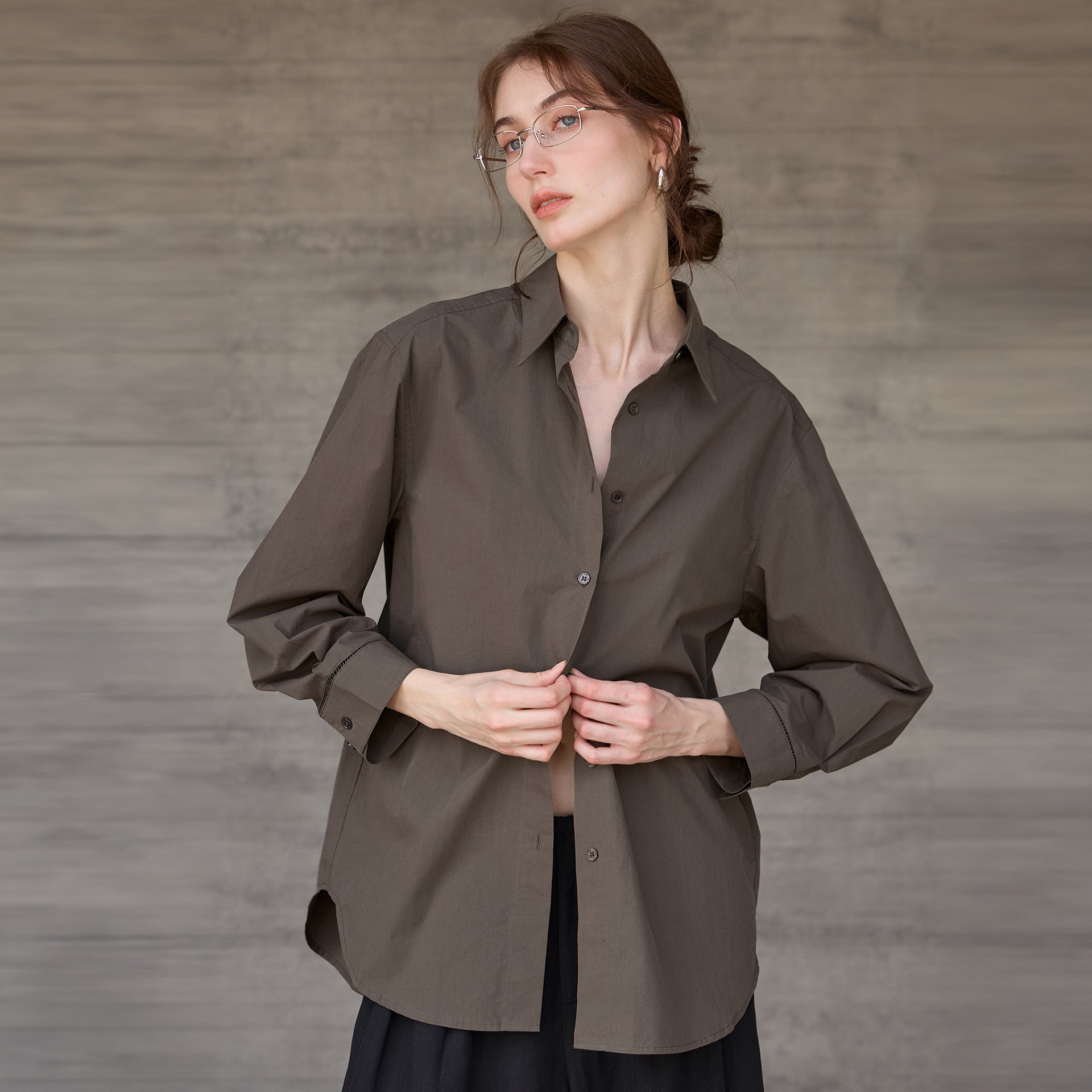 Autumn Winter Cotton Long Sleeved Shirt Women French Lazy Hollow Out Cutout Design Top Mid Length All Matching Shirt