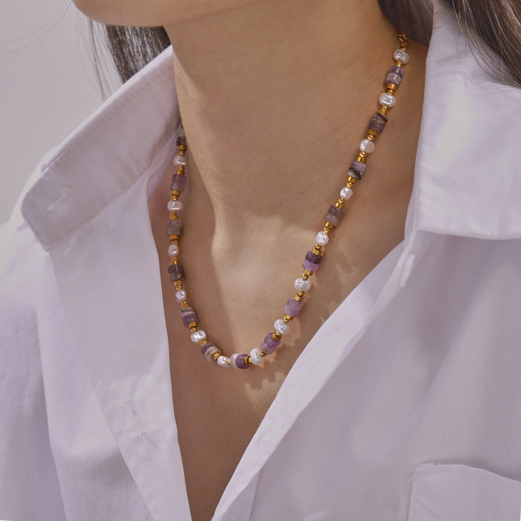 Simple Personality Elegant Gentle Shell Pearls Amethyst Handmade Beaded Design Titanium Steel Gold Plated Necklace