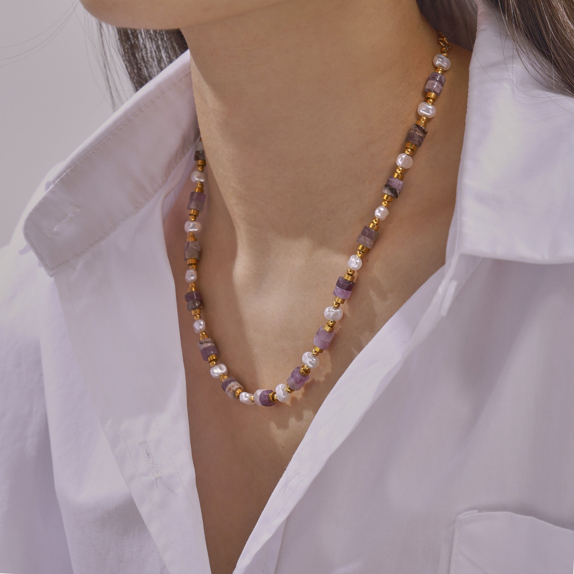 Simple Personality Elegant Gentle Shell Pearls Amethyst Handmade Beaded Design Titanium Steel Gold Plated Necklace