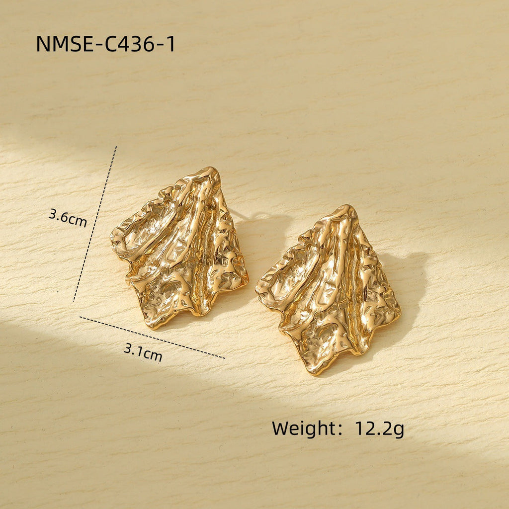 Niche Design Frosted Karst Pleated Irregular Asymmetric Titanium Steel Earrings Women Light Luxury Cold Geometric Abstract Shape Earrings