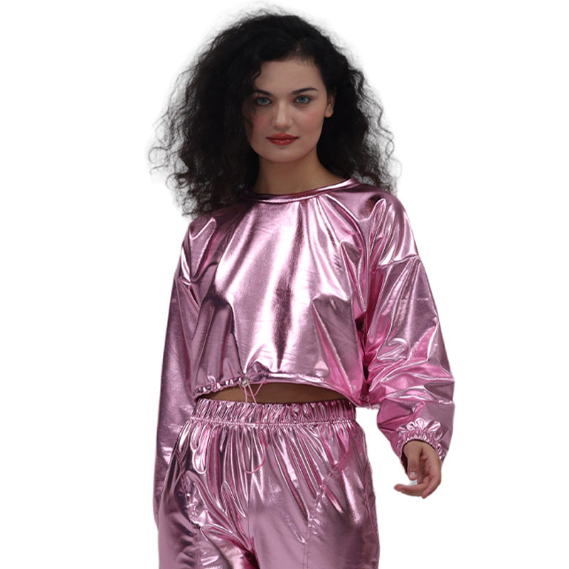 Bronzing Bright Leather Sexy Cropped Long Sleeve Hooded Pullover Short Drawstring Sweatshirt