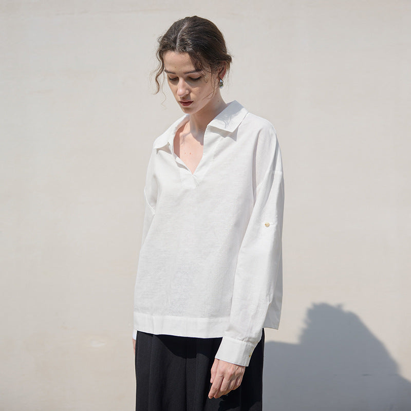 Pure White V Shaped Collared Long Sleeved Shirt for Women Autumn Winter Linen Loose Shirt Advanced Loose Top