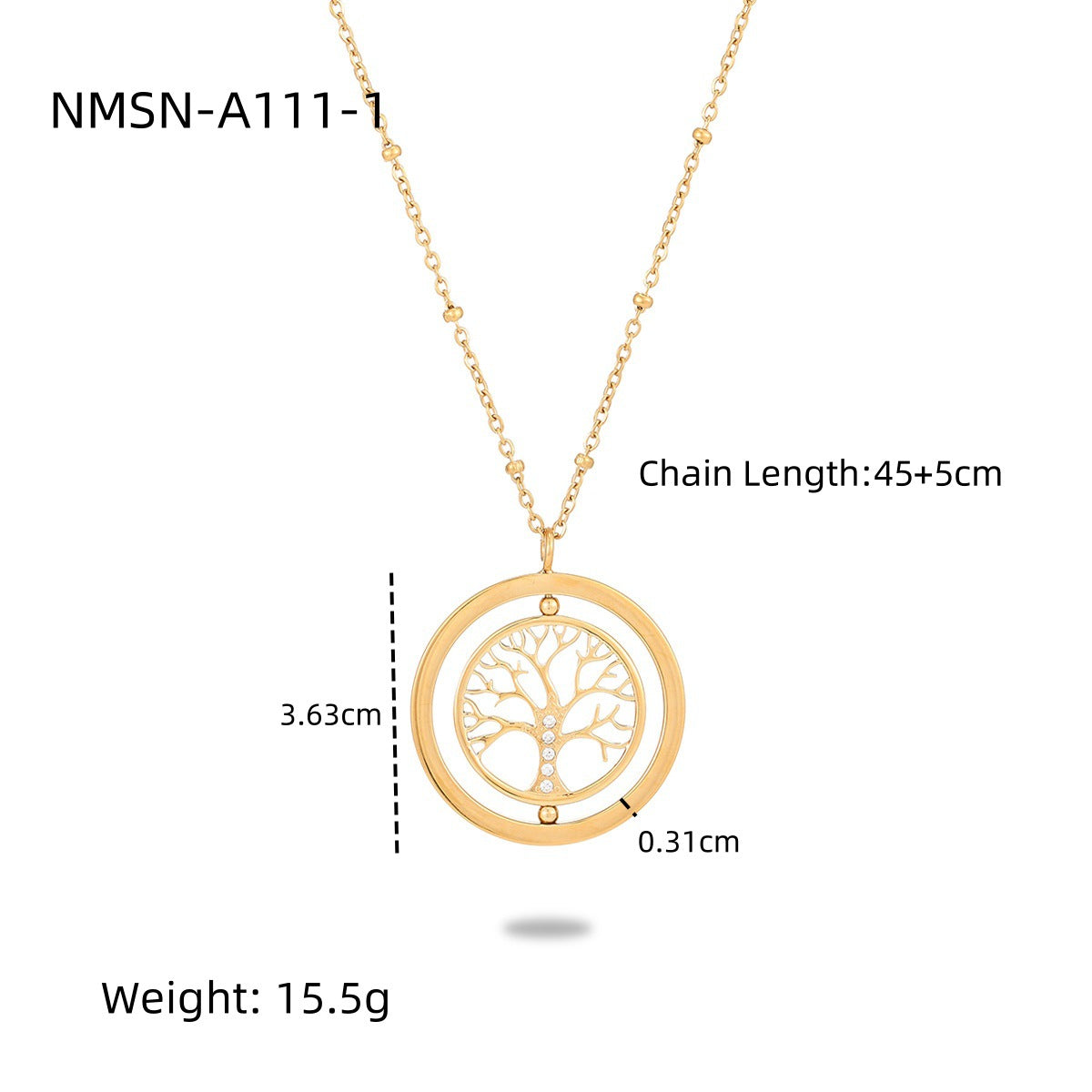 Nimai Design Diamond Rotating Tree of Life Stainless Steel Necklace Women 18K Gold Titanium Steel Embellished Women