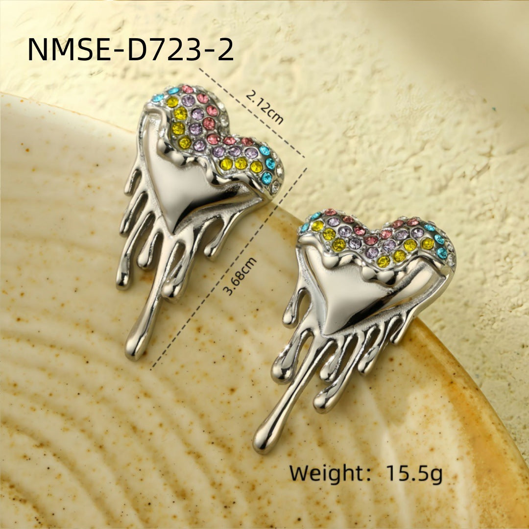Lava Heart Water Drops Titanium Steel Earrings Affordable Luxury High Sense Colorful Crystals Stainless Steel Studs