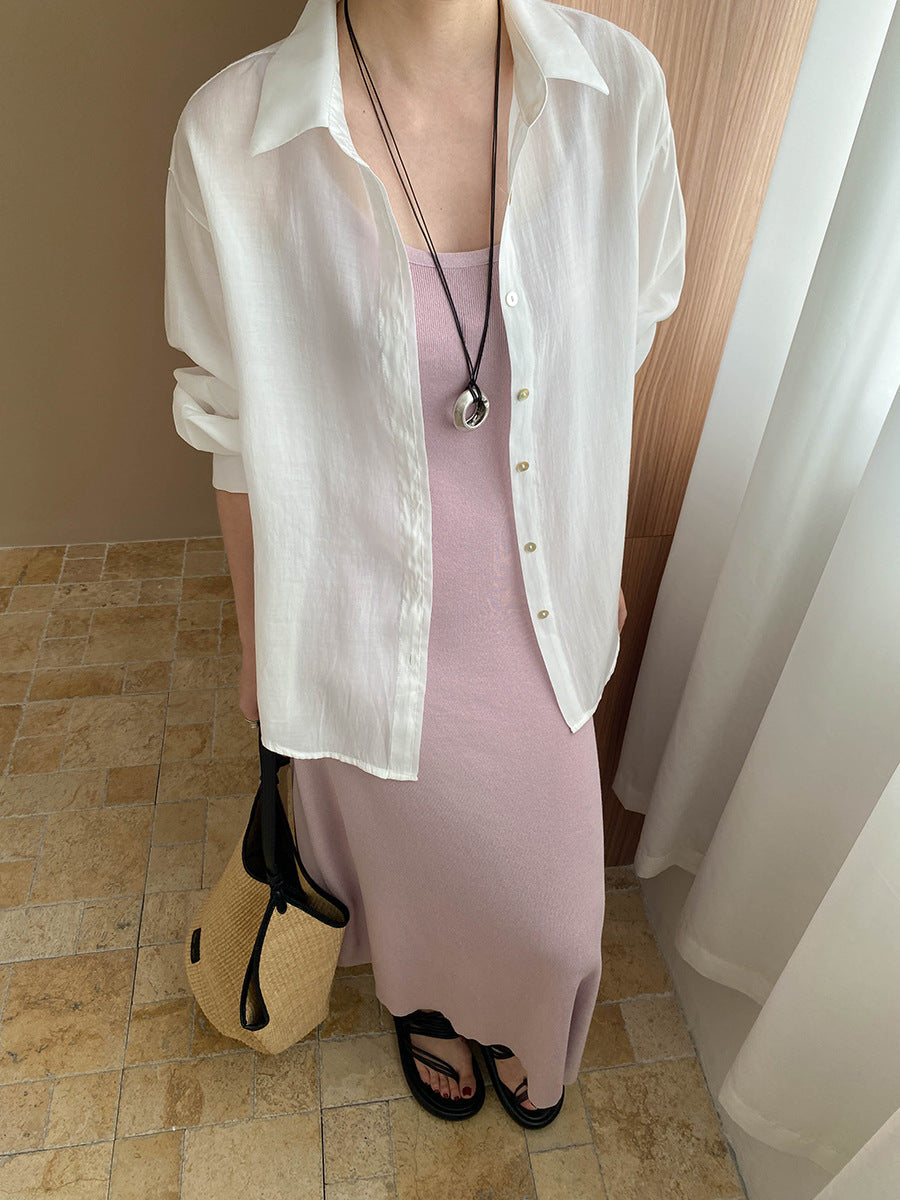 Back Slit Modeling Lanjing Tencel Blended Simple Casual Loose Shirt