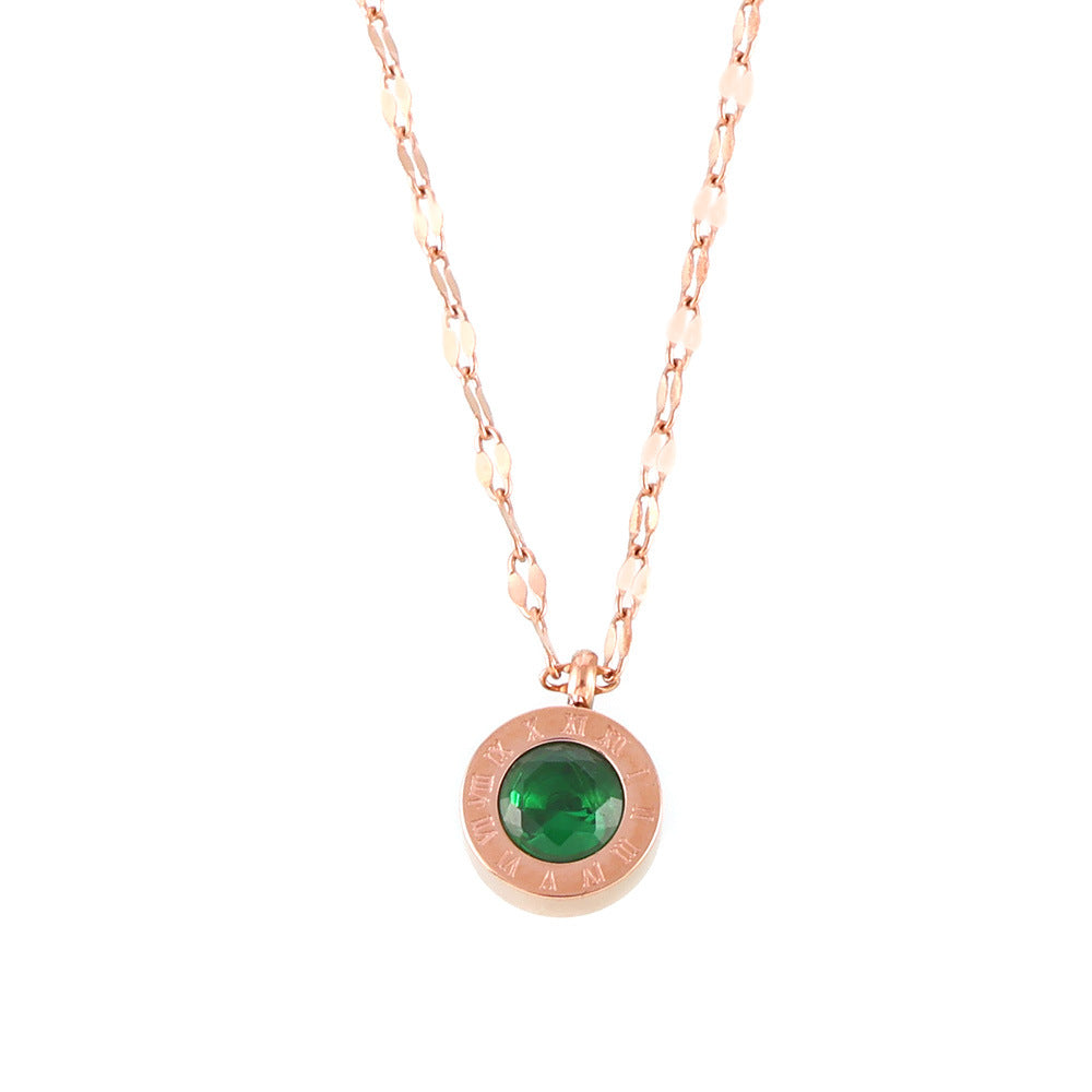 Rose Gold Roman Emerald round Glass Stone Embellished Necklace Women Retro Affordable Luxury Feeling Titanium Steel Clavicle Chain