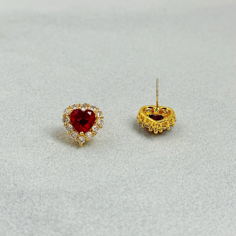 Girly Sweet Zircon Peach Heart Stud Earring Shiny Exquisite Affordable Luxury Women 925 Silver Needle