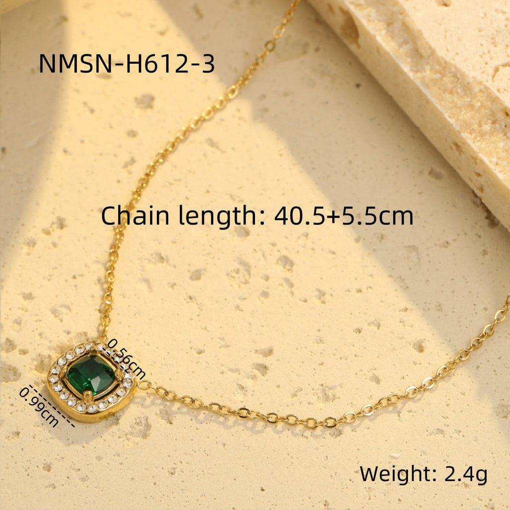 Retro Easy Matching Geometric Abstract Green Zircon Series 18K Gold Stainless Steel Necklace Women High Grade Clavicle Chain