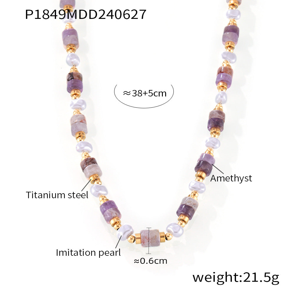 Simple Personality Elegant Gentle Shell Pearls Amethyst Handmade Beaded Design Titanium Steel Gold Plated Necklace