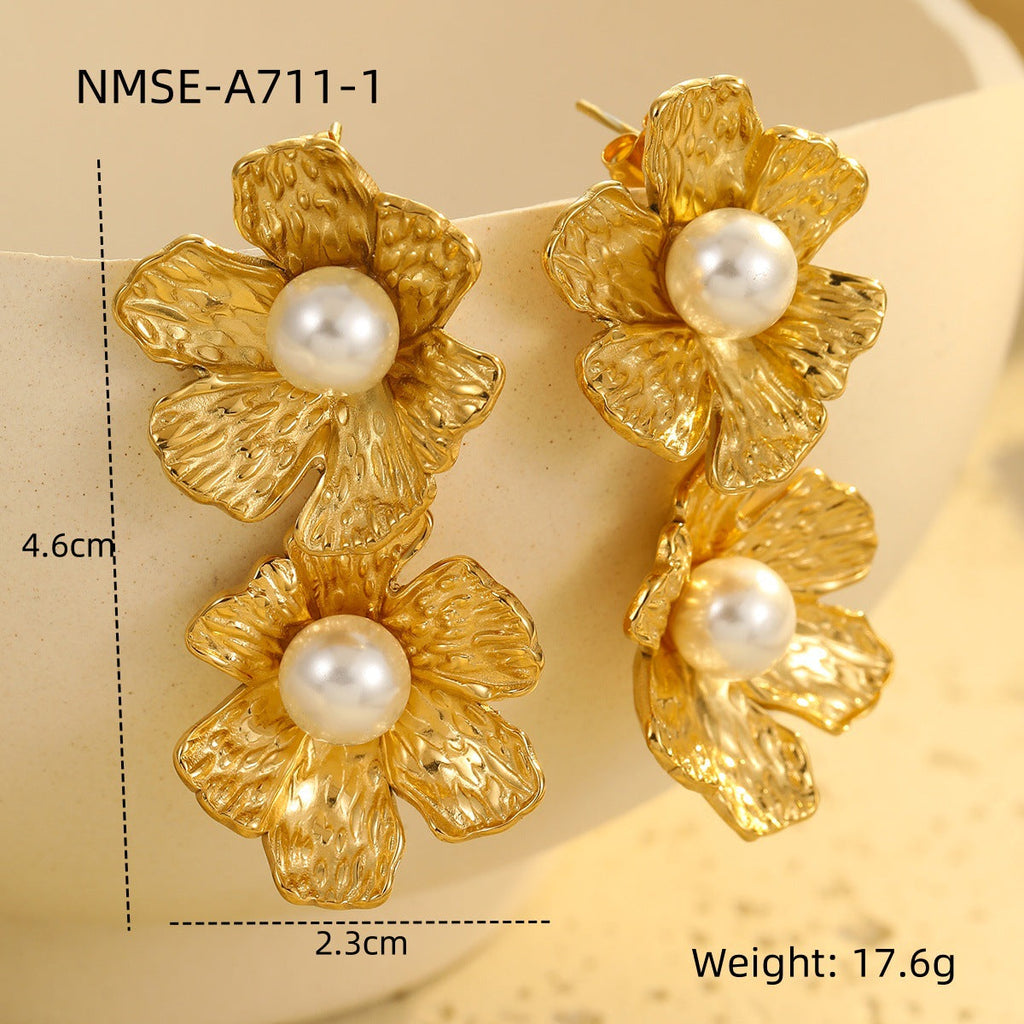 Gold Titanium Steel Petal Pearl Non Fading Stainless Steel Earrings Earrings
