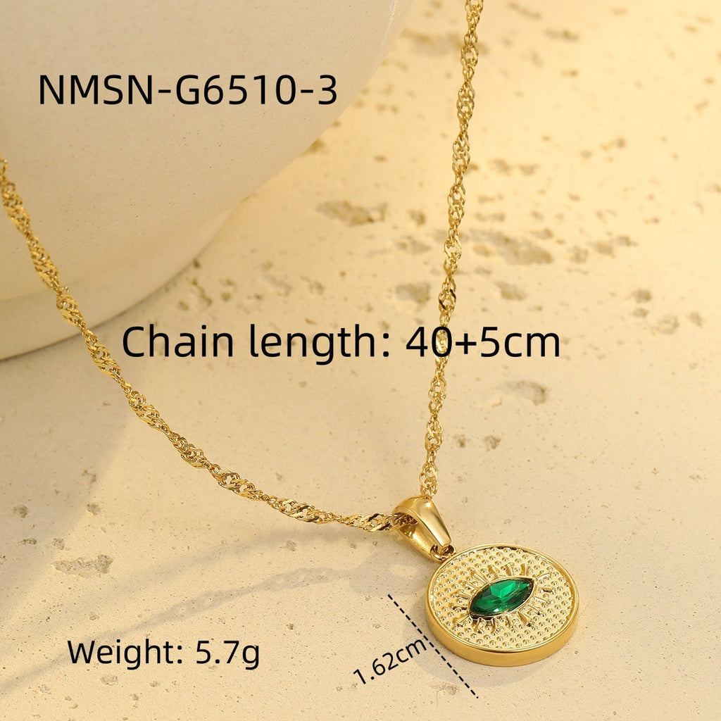 Retro Easy Matching Geometric Abstract Green Zircon Series 18K Gold Stainless Steel Necklace Women High Grade Clavicle Chain
