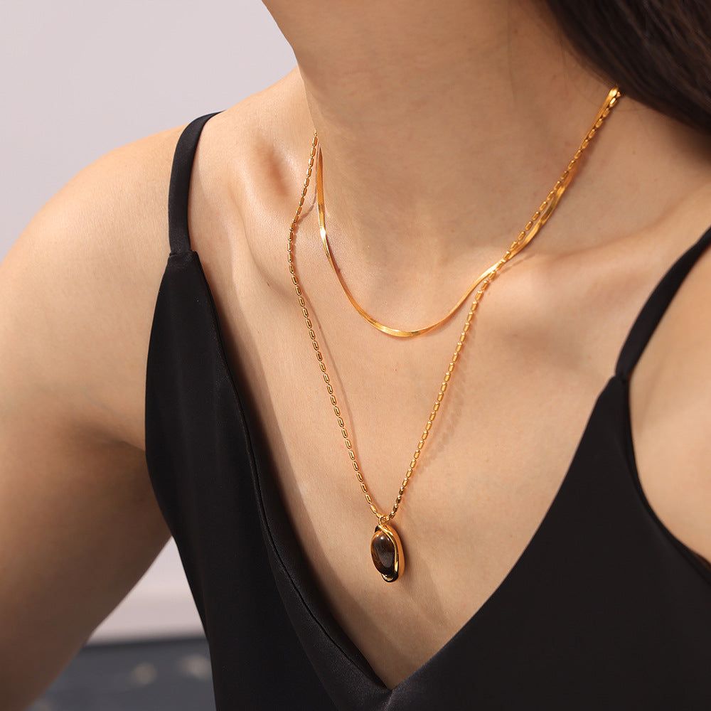 Maillard Simple Grace Personality M Bead Chain Ornament Irregular Asymmetric round Brand Tigereye Embellished Titanium Steel Necklace