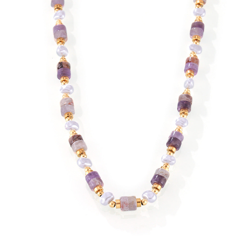 Simple Personality Elegant Gentle Shell Pearls Amethyst Handmade Beaded Design Titanium Steel Gold Plated Necklace