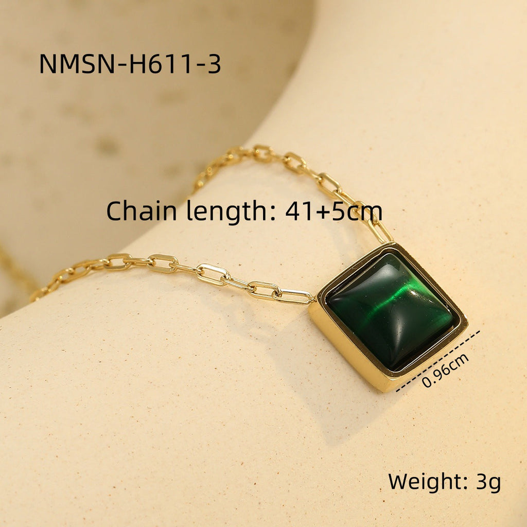 Retro Easy Matching Geometric Abstract Green Zircon Series 18K Gold Stainless Steel Necklace Women High Grade Clavicle Chain