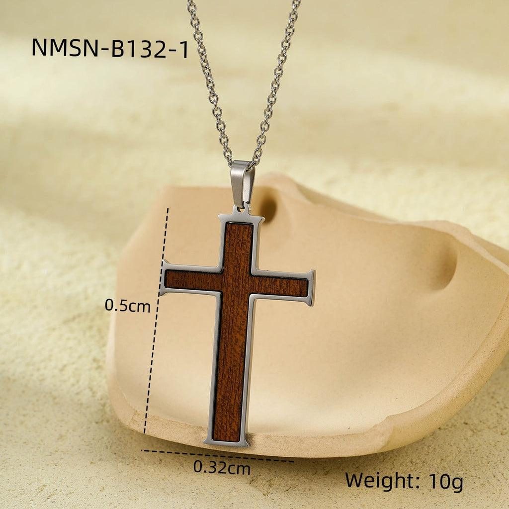 Titanium Steel Wooden Cross Necklace Personality Punk Retro Niche High Sense Ornament